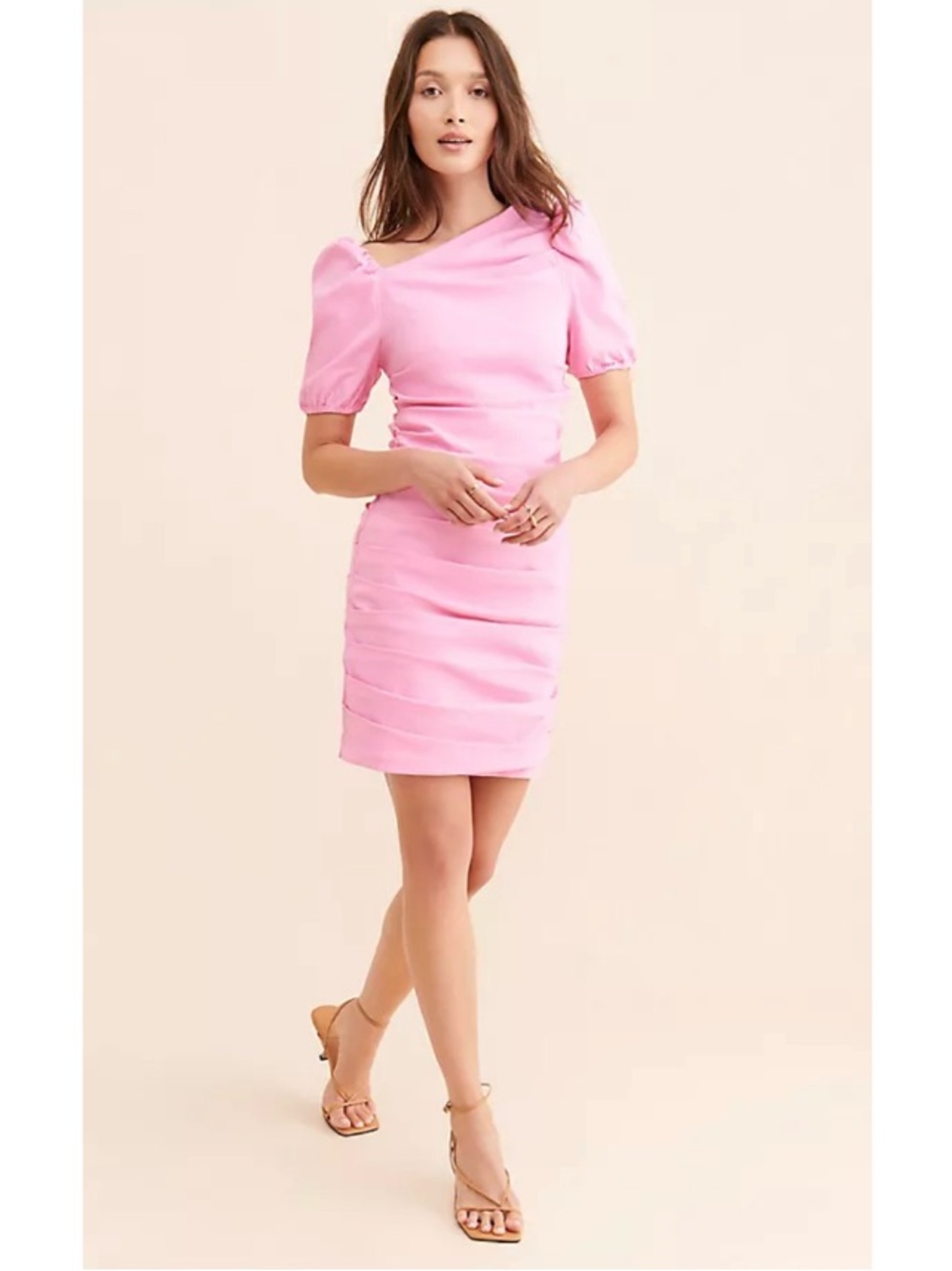 Anthropologie Maeve 80s Slim Puff Sleeve Ruched Mini Poplin Dress Event Pink XS